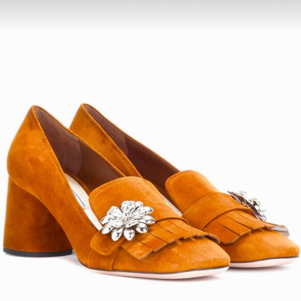 Prada Suede Orange Heels with Silver Accent